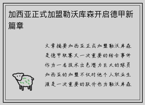 加西亚正式加盟勒沃库森开启德甲新篇章